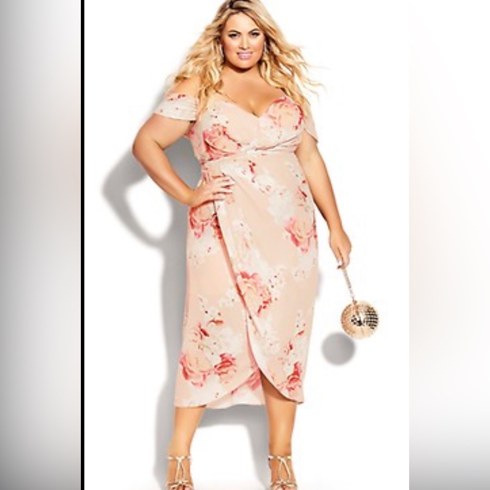 City chic powder floral off the shoulder wedding guest dress